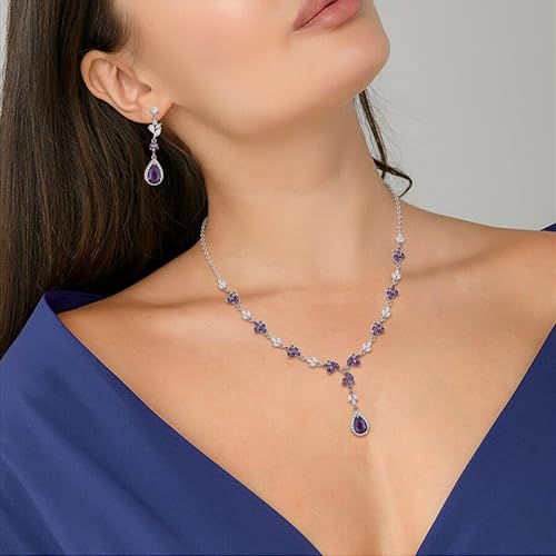 Teardrop Marquise Cubic Zirconia Wedding Prom Jewelry Set for Women Bridal | Silver/Gold/Rose Gold Plated, Pear Cut Pendant Necklace Drop Earrings Link Bracelet, for Bride Bridesmaid, for Banquet Party - style: A_Three Set, Purple