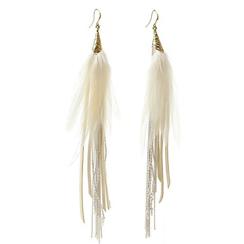 Bohemian Feather Dangle Earrings for Women with Shell Beads Long Tassel Design Drop Earrings - style: Style-Beige