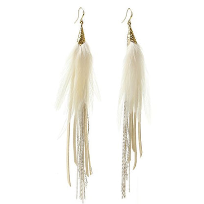 Bohemian Feather Dangle Earrings for Women with Shell Beads Long Tassel Design Drop Earrings - style: Style-Beige