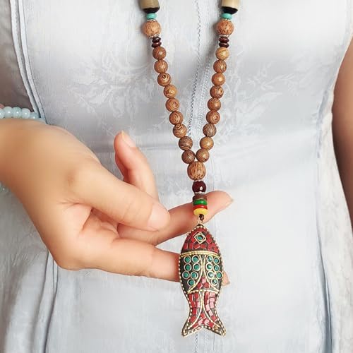 Wood Bead Necklace Africa Wooden Chain Statement Unisex Chunky Necklaces - color: Fish