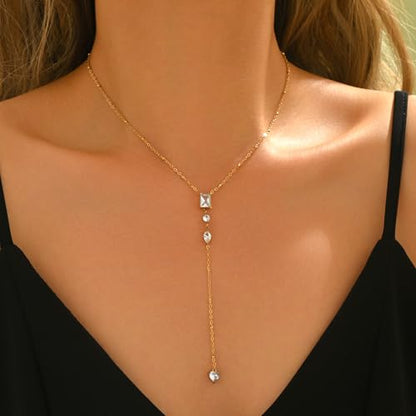 Lariat Necklaces for Women 18K Gold Plated Cubic Zirconia Heart Necklaces Dainty Star Lightning Sun and Moon Necklace Trendy Y Shaped Drop Diamond Necklace - color: 4 CZ Y Necklace-GD