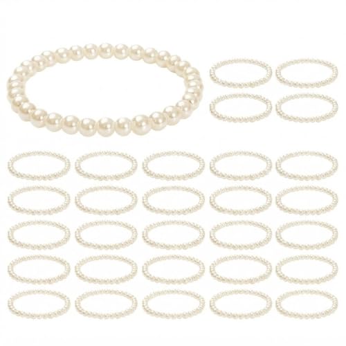 30 PCS Pearl Bracelets for Women, Stretch Bridesmaid Faux Pearl Beaded Bracelets Set, Bulk Wedding Bridal Party Favor Jewelry Gifts(White) - color: 30 Beige