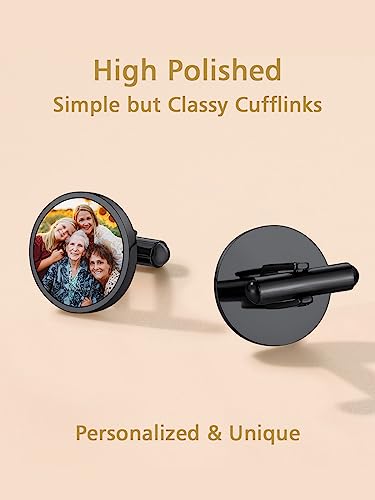 FindChic Stainless Steel Round Cufflinks with Custom Text/Picture/Monogram Letters 18K Gold Plated/Black Color for Men Groom Suits Shirts, with Gift Box - style: 02. custom photo-round (black)
