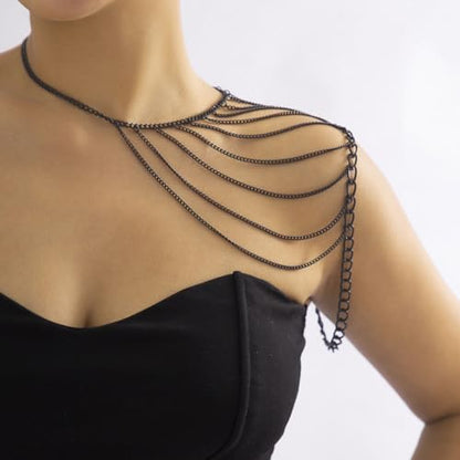 Bethynas Gothic Black Shoulder Chain Necklace Punk Layered Tassel Body Chain Sexy Bra Bikini Cape Wrap Accessories for Women