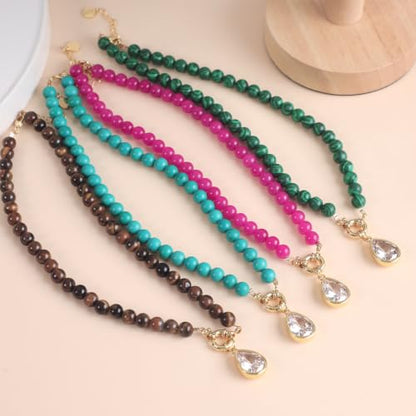 Beaded Gemstone Necklaces for Women Boho Beaded Choker Necklace | CZ Diamond Water Drop Pendant Necklace Natural Stone Jewelry Gifts - color: Blue