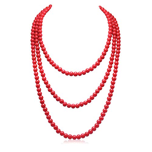 Long Pearl Necklaces for Women Cream White Faux Pearl Strand Layered Necklace Costume Jewelry - color: Solid Red