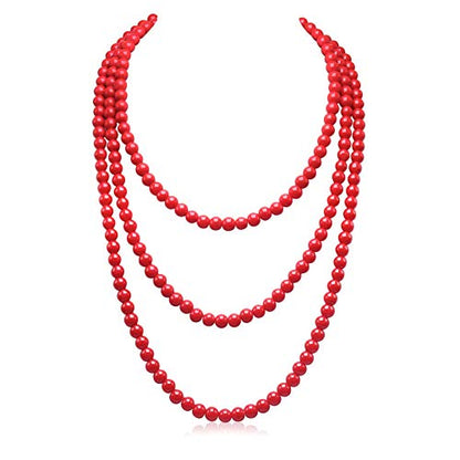 Long Pearl Necklaces for Women Cream White Faux Pearl Strand Layered Necklace Costume Jewelry - color: Solid Red
