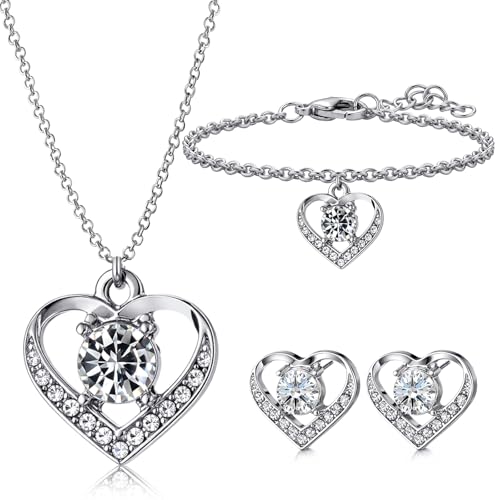 3 Pcs Heart Bow Snow Jewelry Set | Heart Necklace with Bracelet Earring, Snow Jewelry Set for Women, Bow Charms Toggle Gifts - color: Silver, style: Heart Diamond