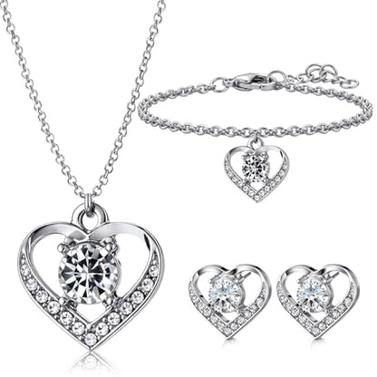 3 Pcs Heart Bow Snow Jewelry Set | Heart Necklace with Bracelet Earring, Snow Jewelry Set for Women, Bow Charms Toggle Gifts - color: Silver, style: Heart Diamond