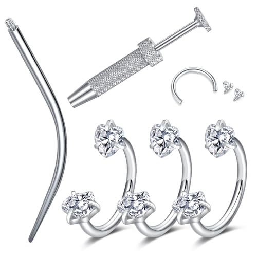 18G 20G Horseshoe Nose Rings Studs with Taper and Grabber | Surgical Steel Nose Ring Pink Cubic Zirconia Nose Piercing,Internally Threaded Nose Rings For Women,Colorful Zirconia - color: Silver-3Pcs Pink Heart