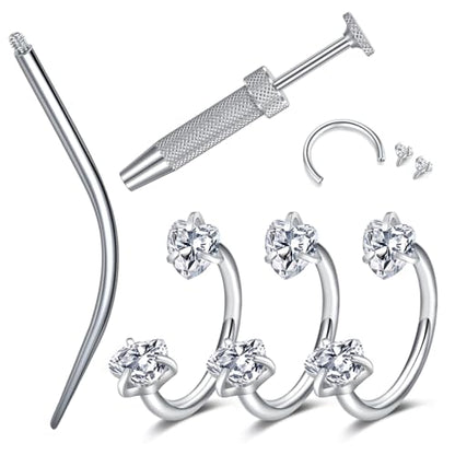 18G 20G Horseshoe Nose Rings Studs with Taper and Grabber | Surgical Steel Nose Ring Pink Cubic Zirconia Nose Piercing,Internally Threaded Nose Rings For Women,Colorful Zirconia - color: Silver-3Pcs Pink Heart