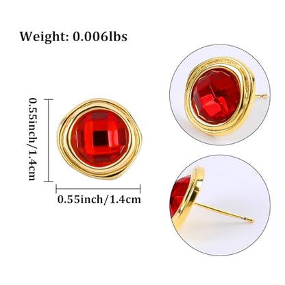 Gold Irregular Round Stud Earrings for Women 14K Gold Plated Crystal Rhinestone Stud Earrings Cubic Zirconia Statement Earrings Trendy Party Jewelry Gift for Women, Vintage Red Gemstone & Transparent