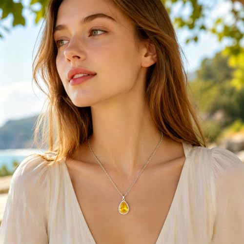 VONSSY Classic Oval Pendant Gemstone Necklace | Crystal Ruby Sapphire Waterdrop Birthstone Teardrop Emerald Necklace | 18K Platinum Gold Plated Chain | Jewelry Gift for Mother Wife Girlfriend - color: NL-Yellow-Platinunm