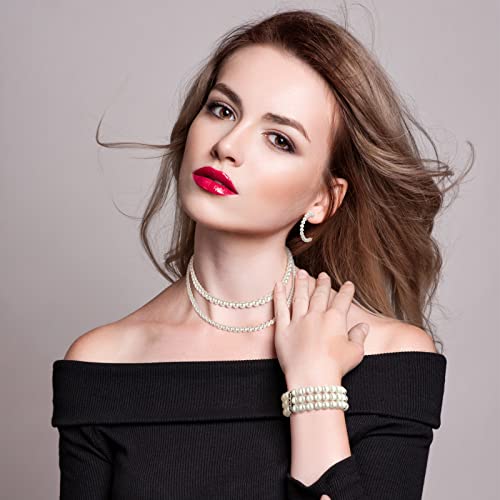 Glenmal Pearl Rhinestone Jewelry Set for Women Pearl Necklace Bracelet Earrings for Wedding Halloween Bridal Shower Tea Party - style: Simple Style