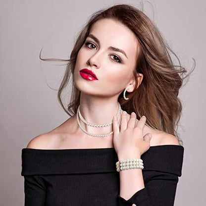 Glenmal Pearl Rhinestone Jewelry Set for Women Pearl Necklace Bracelet Earrings for Wedding Halloween Bridal Shower Tea Party - style: Simple Style