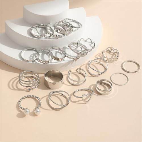 22Pcs Gold Plated Knuckle Rings Set for Women,Boho Dainty Stackable Joint Finger Midi Ring Pack Simple Cute Pearl Butterfly Heart Rings Adjustable Statement Jewelry Mixed Size - color: Silver