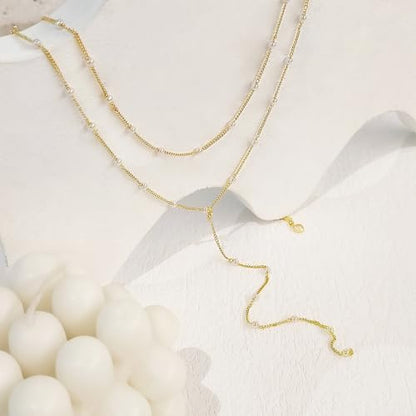 Luxval Lariat Silver Necklace for Women, Dainty Long Necklace Silver Y-Shaped Pendant Necklaces Trendy Beaded Chain Drop Necklaces Jewelry for Women Gifts - color: Gold-Y Pearl Necklace