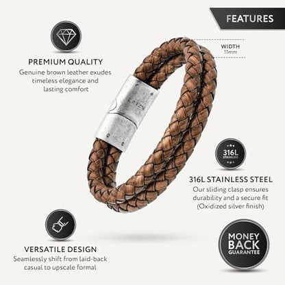 RTZN® Brown Leather Bracelet for Men – Premium Artisan Handcrafted Mens Leather Bracelet – Multi-Stand Mens Bracelet Leather Collection | Beaded Tiger Eye, Silver Chain, and Braided Brown Leather - color: Double Braided, size: Large