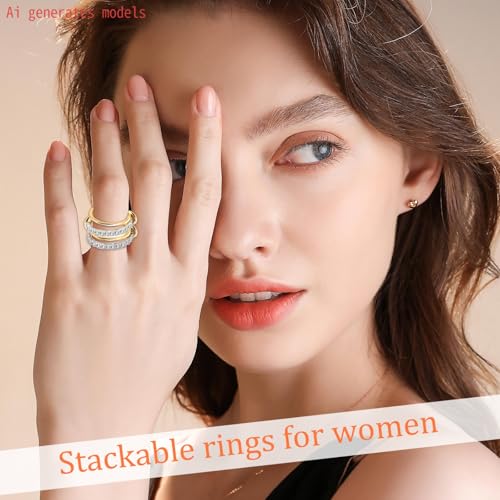 Stackable Rings Women Non Tarnish 18K Gold CZ Interlocking Ring Set | 18K Gold Plated, Hypoallergenic & Non Tarnish, Cubic Zirconia, Mixed Metals, Dainty Stacking Set, Gift for Her - color: Gold