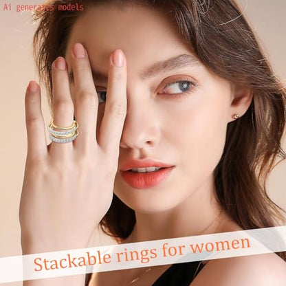 Stackable Rings Women Non Tarnish 18K Gold CZ Interlocking Ring Set | 18K Gold Plated, Hypoallergenic & Non Tarnish, Cubic Zirconia, Mixed Metals, Dainty Stacking Set, Gift for Her - color: Gold