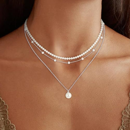 Pearl Necklaces for Women Trendy, 18K Gold/Silver Plated Layered Pearl Necklaces Dainty Pearls Choker Necklace and Earring Set Birthday Gifts for Mom Wife Daughter Sister Friends - color: Silver Pearl Necklace-3pcs