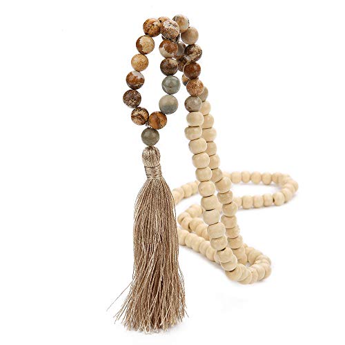 8MM Semi-Precious Gem Stones Wood Mala Bead Necklace | Multicolor Long Tassel Charms Chain Necklace,Handmade Beaded Pendant Necklace for Women Men - color: Wooden+Picture Jasper