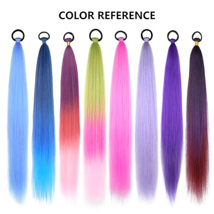 Ponytail Extension with Hair Tie Straight Sleek Wrap Around Braid Ponytail | 2 Pack Braid Ponytail Extension, Green Pink Gradient 26 Inch Braid Extensions for Women (Green/Rose Pink/Light Pink#) - color: Green Pink#, size: 26 Inch（Pack of 2）