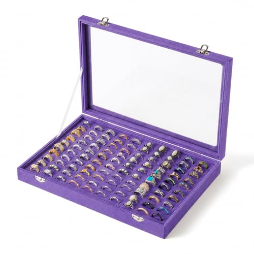 100 Slots Ring Organizer Tray,Velvet Ring Box with Clear Lid | Velvet Lining Provides Protection,Fits Rings of Various Sizes,Glass Lid Jewelry Tray,for Personal Use and Ring Display - color: Purple