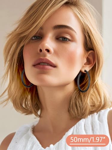 FaithHeart Silver/Black/Gold Stainless Steel Chunky Hoop Earrings for Women | Hypoallergenic Lightweight Hoop Earrings, Trendy Statement Thick Hoop, 20/30/40/50/60/70/80mm - color: Black, size: 50mm