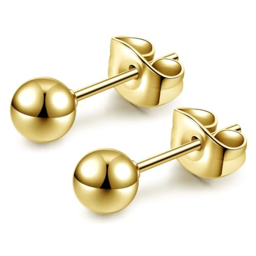 3/4 Pairs Stainless Steel Ball Stud Earrings, High Polished Round Ball Earrings Set for Women & Men 4-10mm - color: Gold