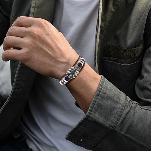 Angyape Retro Faux Leather Guitar Bracelet, Zinc Alloy Rock Music Guitar Leather Bracelet Punk Handmade Braided Multi-Layer Wrap Guitar Shape Decorative Cuff Bracelet Musical Enthusiast Gift - color: Black&Blue