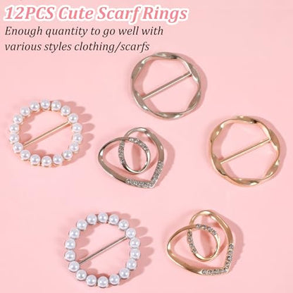 Xinjoduz 12 PCS Cute Scarf Ring and Slides for Scarves, Metal T Shirt Ties Clips for Women Clothing, Waist Cincher Clip Buckle for Womens Girls Clothing Accessories (Gold & Silver, 3 Different Sized)