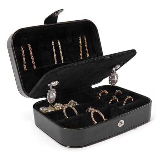 Smileshe Jewelry Box, PU Leather Small Portable Travel Case, 2 Layers Organizer Display Storage Holder Boxes for Rings, Earrings, Necklaces, Bracelets - color: Leather-Black2