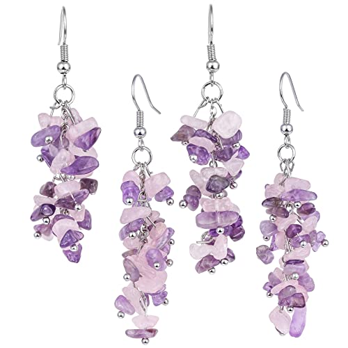 Nupuyai Natural Tumbled Stones Earrings for Women, Reiki Healing Crystal Long Dangle Hook Eardrop - color: #7-Purple & Pink