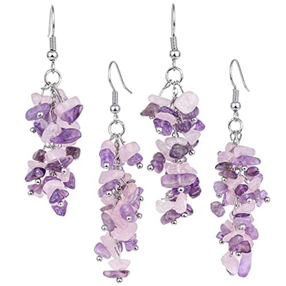 Nupuyai Natural Tumbled Stones Earrings for Women, Reiki Healing Crystal Long Dangle Hook Eardrop - color: #7-Purple & Pink