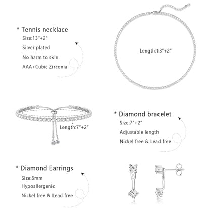 Luxval Tennis Necklace Set for Women Tennis Bracelets Diamond Earrings Sterling Silver Necklace Wedding Jewelry for Bride Silver Jewelry Sets for Women Gift - color: Silver-CZ 3pcs