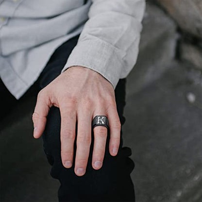 FindChic Customized Signet Photo Rings Square/Heart/Round Chunky Band Ring Stainless Steel/18K Gold Plated/Black Size 7 to 14 Personalized Jewelry for Men Women, Send Gift Box - color: 01. personalized monogram square (black)