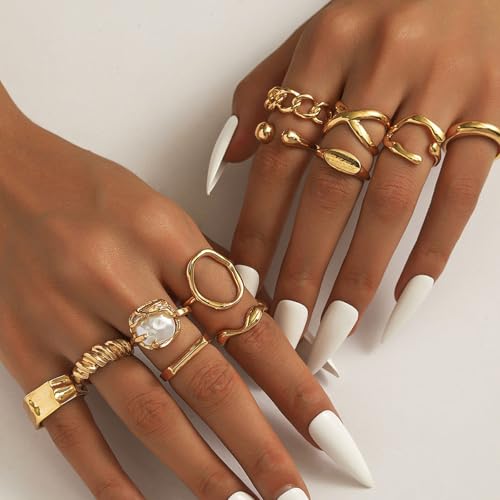 Gold Rings for Women Non Tarnish Stackable Rhinestone Moon Star Rings Dainty Stacking Pearl Butterfly Midi Pinky Thumb Joint Finger Knuckle Ring Set Gold Non Tarnish Jewelry Gifts Trendy Stuff - color: G Chunky Gold Rings 12Pcs