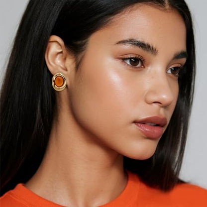 Jean Beau Chunky Gold Stone Stud Earrings for Women, Trendy Natural Gemstone Hypoallergenic Earing Valentine Jewelry Gift - color: Amber Orange