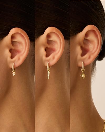 PAVOI 14K Gold Plated Mix & Match Charms Dainty Huggie Earrings for Women | Hypoallergenic Earrings with 925 Sterling Silver Posts, Huggie Hoop Earrings with Motif Dangle Charms Pack - style: North Star