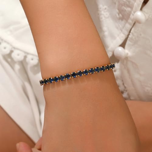 18K Gold Plated Tennis Bracelets for Women, Adjustable Cubic Zirconia Bracelet with Multi-color 4mm CZ Diamond Paperclip Chain, Dainty Trendy Birthday Bridal Jewelry Gifts for Women Daily Party Wear - color: Blue