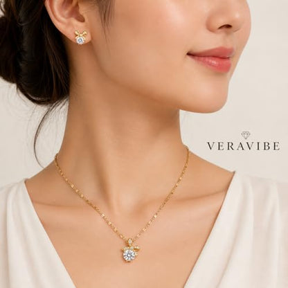 Bowknot Necklace and Earrings Set for Women Gold Plated | Ribbon Pendant, Cubic Zirconia, Sparkling Minimalist, Party Daily Wear, Birthday Gifts