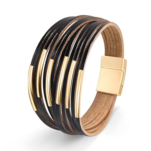 Wrapped Bracelets for Women,Leather Boho Bracelets for Women - color: Leather-Black
