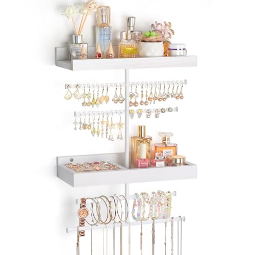 Keebofly Wall Mounted Jewelry Organizer with 2 Tired Shelves & Ring Holder- Jewelry Holder Wall Storage Display for Earrings, Necklace, Bracelet, Hair Accessories for girls in Bathroom Bedroom, White - color: White with 2-Tiered Shelf and Ring Holder