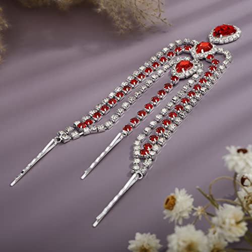 Bohemian Full Silver Rhinestone Chain Red Crystal Head Chain Clip Drop Pendant HeadPieces Forehead Headband Hair Accessories for Wedding Brides Party Prom Costume (Silver Red) - color: Silver Red