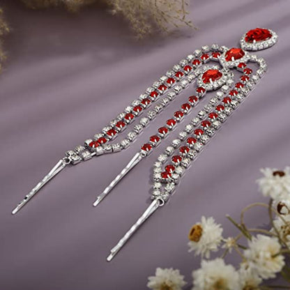 Bohemian Full Silver Rhinestone Chain Red Crystal Head Chain Clip Drop Pendant HeadPieces Forehead Headband Hair Accessories for Wedding Brides Party Prom Costume (Silver Red) - color: Silver Red