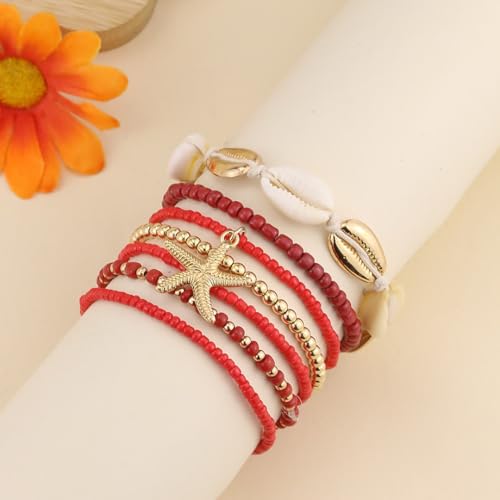 Bohemian Starfish Bracelets for Women - Adjustable Stackable Beach Bracelets, Handmade Stretchy Beaded Summer Jewelry, Perfect for Surf & Waterproof Fun - color: Red