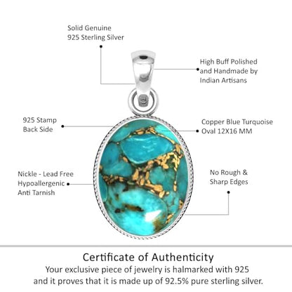 Chunky Natural Gemstone Pendant Necklace For Women Onyx, Turquoise, Amber, Garnet Oval Boho Genuine 925 Sterling Silver Handmade Jewelry - color: Copper Blue Turquoise