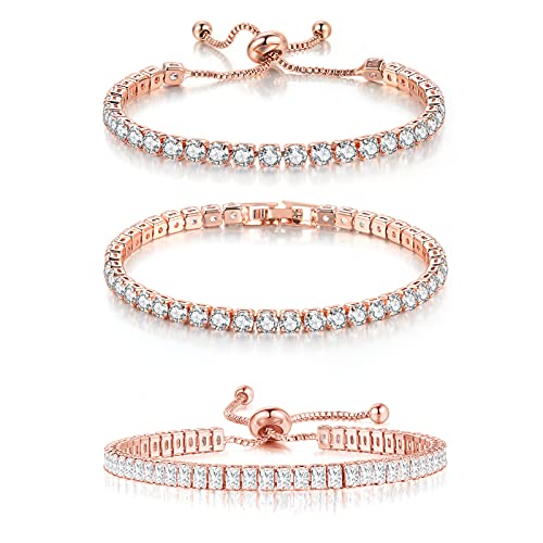 3 Pcs Tennis Bracelets for Women 14K Gold Plated 4mm 5A+ Cubic Zirconia CZ Diamond Classic Adjustable Slider Bracelet Fashion Jewelry Wedding Gift Size 6.5-7.5 Inch - color: Rose Gold