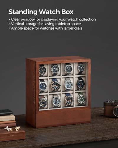 SONGMICS Watch Box 12-Slot Watch Display Case with Window | Solid Wood Veneer, Velvet Lining, Vertical Storage, Space Saving, Gift Idea, Coffee Brown, UJOW014K01 - color: Coffee Brown, size: 12 Slot